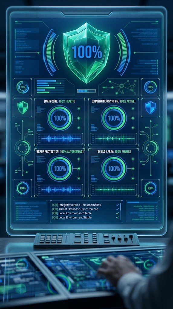 Cybersecurity dashboard showing 100 percent protection